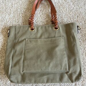 Olive Green Canvas Tote Bag with Brown Handles